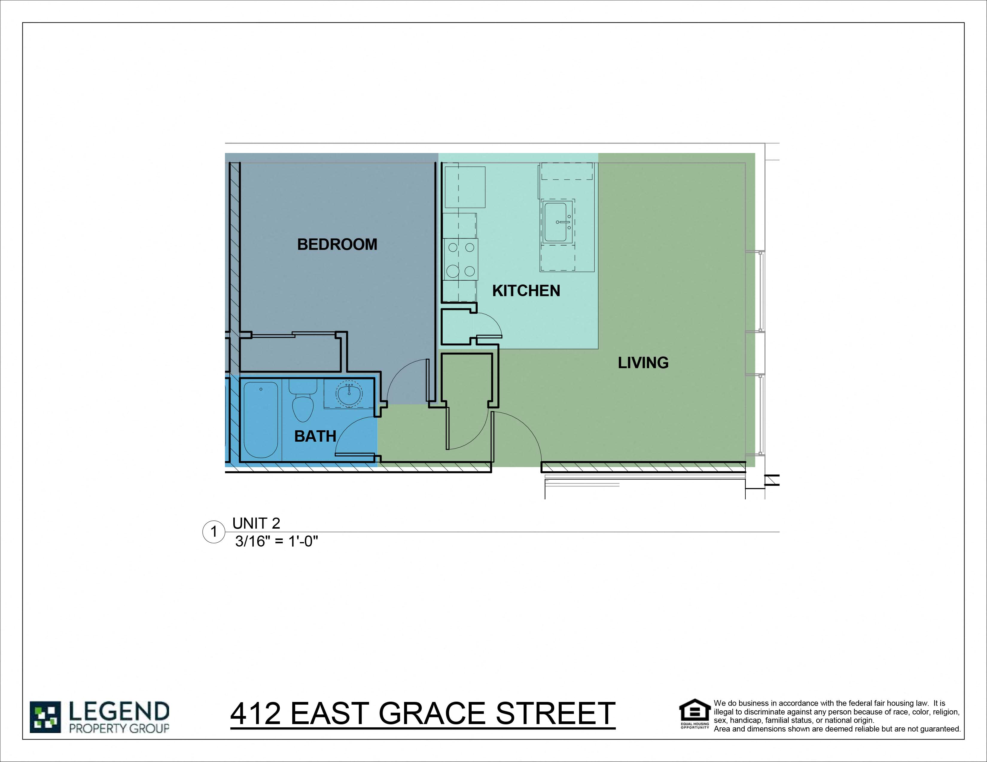 Floor plan for 1 bed, 1 bath, 608 sqft